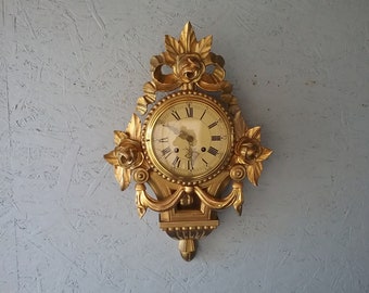 Reloj cartel de madera bañado en oro, Estocolmo estándar Hecho en Alemania, reloj de pared antiguo con péndulo, reloj mecánico, reloj tallado en oro