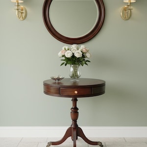 Op de afbeelding: Een donkerbruine, ronde bijzettafel met een lade, een vaas met witte rozen en een kleine decoratieve schaal. Boven de tafel hangt een ronde spiegel met een donkerbruine lijst. Twee gouden wandkandelaars met crèmekleurige kappen hangen aan de muur.