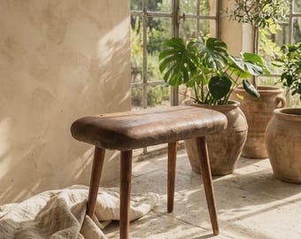 Swedish Leather Stool, Horsehair Milking Bench, Antique Footstool, Rustic Scandinavian Furniture, Primitive Wooden Chair.