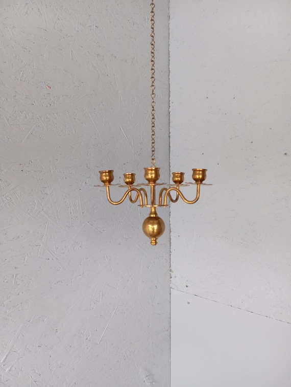 Vintage Swedish Brass Chandelier – 5 Arm Candelabra, Mid Century Scandinavian Lighting