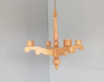 Wooden hanging Swedish vintage candle holder, candle chandelier, handmade, folk style, turned candle holder for 4 candles, 1970s