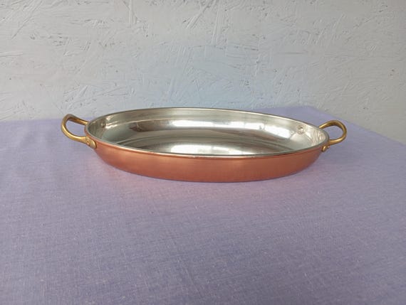 Vintage Copper Fish Pan with Brass Handles: 1970s Kitchenware