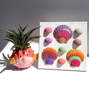 Op de afbeelding: Een roze en oranje kogelvisvormige plantenbak met een groene sansevieria, naast een vierkant wit canvas versierd met acht diverse schelpen beschilderd in levendige tinten paars, roze, oranje en mintgroen met gouden randen.