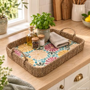 Könnte beinhalten: Ein rechteckiges Tablett aus geflochtenem Seegras mit einem bunten, mosaikartigen Blumenmuster auf dem Boden. Das Tablett hat zwei seitliche Griffe und enthält eine Glasflasche mit Öl, ein kleines Gewürzglas, eine grüne Pflanze und eine beige Serviette.
