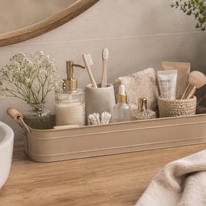 Metall Tablett Beige mit Holzgriffen Deko Tablett Serviertablett Landhaus Tablett Küche Grillparty 3 Größen taupe