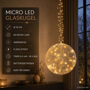 Micro LED Glaskugel Ø 19 cm mit 80 LEDs, warmweiße Hängeleuchte mit Flash Effekt, Timer und Batteriebetrieb