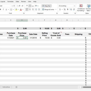 May include: A spreadsheet with the heading "Inventory" and columns for SKU, Item Name, Purchase Date, Purchase Price, Sale Date, Selling Price, "Cost of Goods Sold", Fees, Shipping, "PROFIT", and Notes. The first row of data shows a purchase price of $5.00 and a selling price of $10.00.