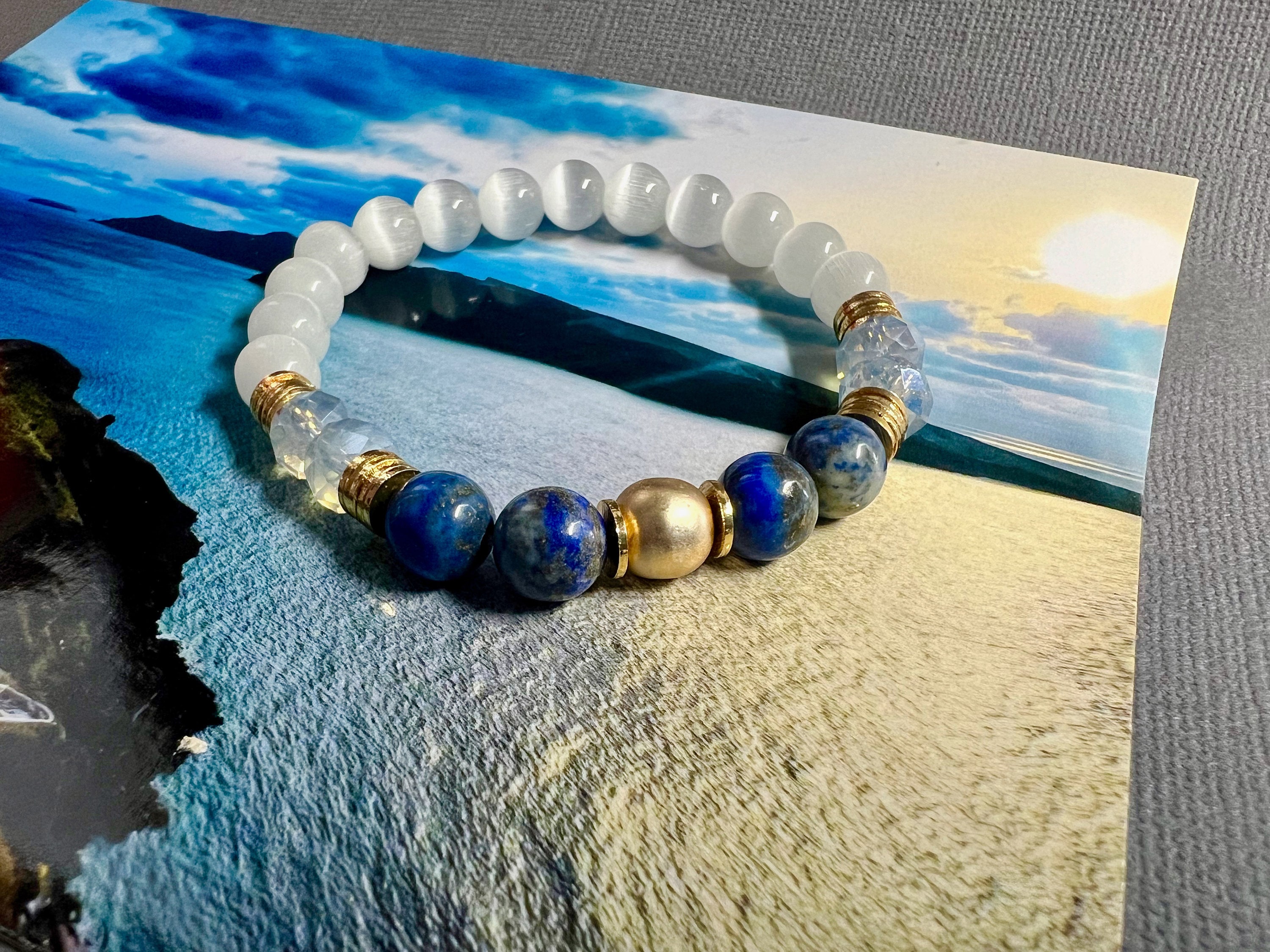 Earth in Sky, Stack Bracelet set, Cowrie shell, Blue crystal and Lava
