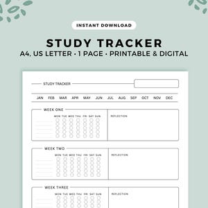 Puede incluir: Un rastreador de estudio digital titulado "STUDY TRACKER" con secciones para cada mes y seguimiento semanal. El diseño es minimalista, con fondo blanco y líneas negras. El rastreador es de tamaño A4 y US Letter, y tiene 1 página.