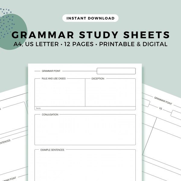 Grammar Study Sheets | Language Learning | Grammar Rules and Notes | Instant Download | Printable | Korean Japanese