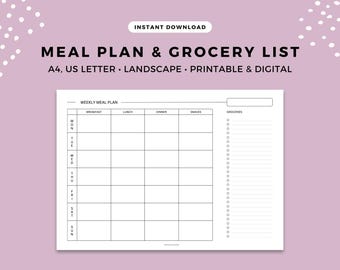 Weekly Meal Plan with Grocery List | Food Planner | Digital & Printable | Instant Download