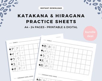 Japanese Katakana and Hiragana Practice Sheets Bundle | Complete Katakana and Hiragana for Beginners | Printable | Instant Download
