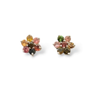 Multi Tourmaline Earring, Natural Tourmaline Earring Stud Silver 925, Mini Dainty Ear Studs Multi Stone Floral, October Birthstone Jewelry.