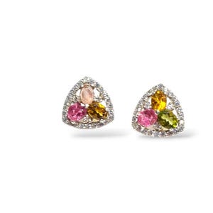 Multi Tourmaline Earring, Natural Tourmaline Earring Stud Silver 925, Mini Dainty Ear Studs Multi Stone Floral, October Birthstone Jewelry.