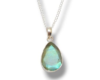 Ciondolo a goccia sfaccettato in labradorite, collana in argento sterling 925, gioiello con gemma naturale brillante, regalo fatto a mano per lei