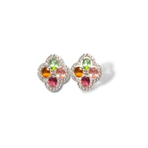 Multi Tourmaline Earring, Natural Tourmaline Earring Stud Silver 925, Mini Dainty Ear Studs Multi Stone Floral, October Birthstone Jewelry.