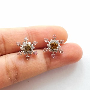 Pink Tourmaline Earrings Stud, Natural Tourmaline Earring Silver 925, Snowflake Earrings For Christmas Holidays, October Birthstone Jewelry.