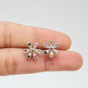 Multi Tourmaline Earring, Natural Tourmaline Earring Stud Silver 925, Mini Dainty Ear Studs Multi Stone Floral, October Birthstone Jewelry.