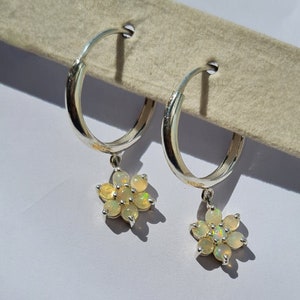 Opal Hoop Earring Sterling Silver Natural Opal Earring, Fire Opal Earrings, Hoop Earring with Opal Charm, Hypoallergenic Christmas Gift Idea