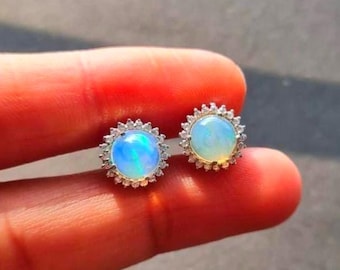 Natural Opal Stud Earring Small Studs Dainty Studs Minimalist Fire Opal Studs White Opal Earrings October Birthstone Tiny Dot Round Stud