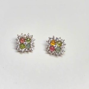 Multi Tourmaline Earring, Natural Tourmaline Earring Stud Silver 925, Mini Dainty Ear Studs Multi Stone Floral, October Birthstone Jewelry.