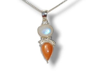 Moonstone Sunstone Pendant~ 925 Sterling Silver Pendant~ Two Stone Pendant~ Natural Sunstone, Rainbow Moonstone Cabochon Statement Jewelry.