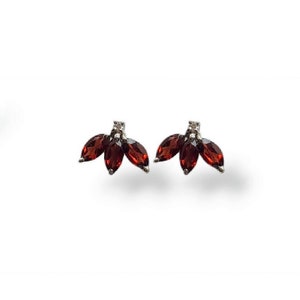 Marquise Red Garnet Stud Earring, S925 Red Garnet Earrings, Silver Ear Stud Tiny Trio Leaf Earring, Second Upper Ear Piercing, Helix Earring