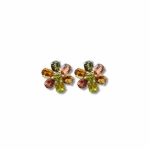 Multi Tourmaline Earring, Natural Tourmaline Earring Stud Silver 925, Mini Dainty Ear Studs Multi Stone Floral, October Birthstone Jewelry.