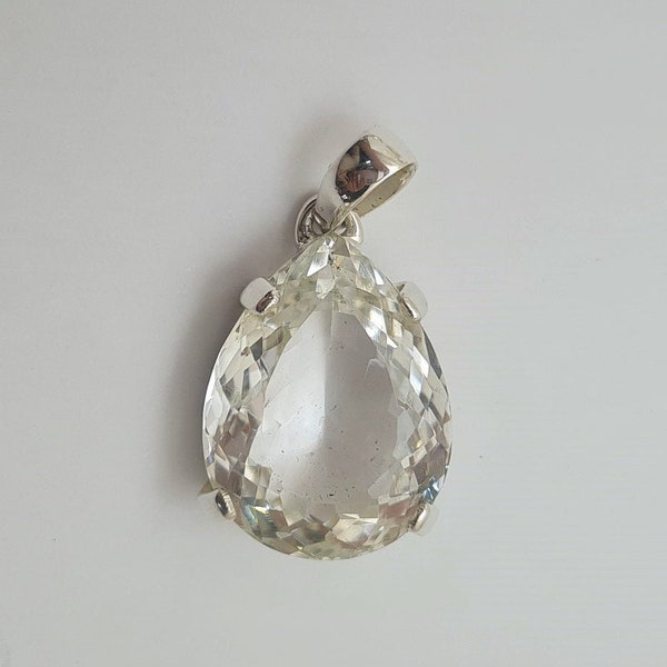 Natural Crystal Quartz Pendant 925 Sterling Silver, Drop Shape Faceted Clear Quartz Pendant, Unisex Stone Pendant, Gemstone Pendant Silver.