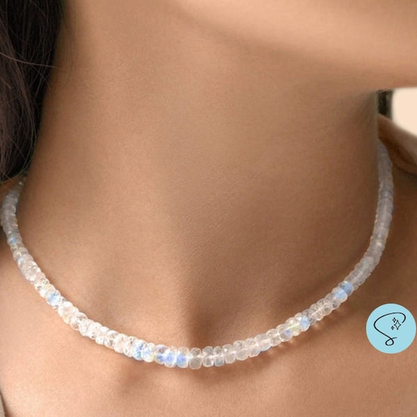 Natürliche Mondstein Halskette Sterling Silber, Regenbogen Mondstein Halskette, Mondstein Schmuck für Frauen, AAAGemstone Perlen Halskette Silber