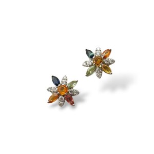 Multi Sapphire Earrings Silver 925, Sapphire Earring Studs, Sapphire Flower Studs Tiny Minimalist, September Birthstone Gift For Mother Her.