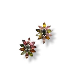 Multi Tourmaline Earring, Natural Tourmaline Earring Stud Silver 925, Mini Dainty Ear Studs Multi Stone Floral, October Birthstone Jewelry.