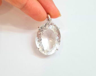 Oval Natural Crystal Quartz Pendant 925 Sterling Silver, Faceted Clear Quartz Pendant, Unisex Stone Pendant, Gemstone Gift for Crystal lover