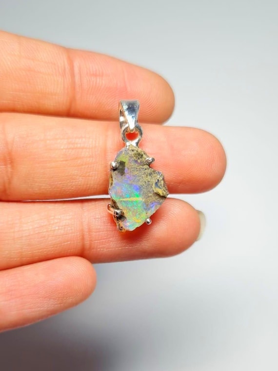 Huge Opal Pendant Natural Raw Opal Pendant Flash Rainbow, Sterling