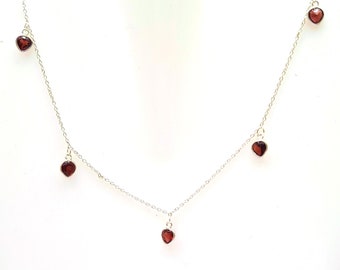 Garnet Necklace 925 Sterling Silver, Natural Red Garnet Heart Necklace, Red Stone Choker Necklace, Valentines Gift for Girlfriend Necklace.