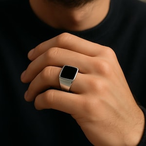 Black Onyx Ring, Sterling Silver Mens Ring, Trending Square Signet Ring Men, Natural Gemstone Ring For Him, Ring for Boyfriend , Gift to Him
