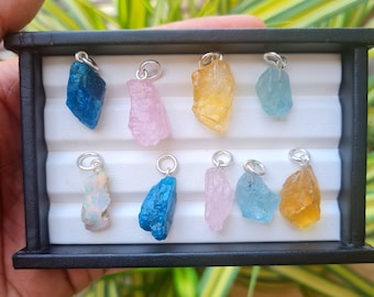 Natural Raw Gemstone Pendant 925 Silver, Raw Opal Pendant, Handmade Healing Crystal Charm Layering Unisex Pendant, Birthstone Birthday Gift.