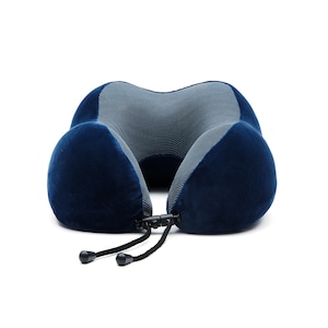 May include: A blue travel neck pillow with a gray mesh center and adjustable straps. The pillow is designed to support the head and neck while traveling.