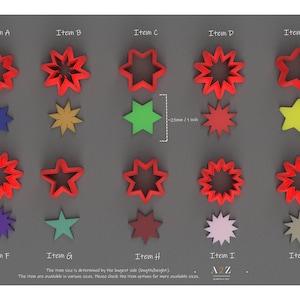 May include: Ten different star-shaped cookie cutters in various colors and designs. The cutters are approximately 1 inch in size.