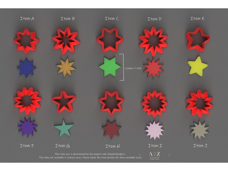 May include: Ten different star-shaped cookie cutters in various colors and designs. The cutters are approximately 1 inch in size.