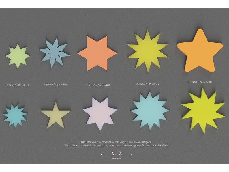 May include: A chart showing different sizes of star-shaped paper cutouts. The stars are in various colors, including yellow, orange, blue, and green. The chart includes the measurements of each star in millimeters and inches.