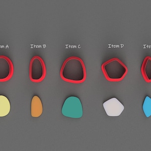 May include: Five red, open-top, geometric shapes with different outlines. Below each shape is a smaller, solid shape in a different color: yellow, orange, teal, white, and blue.