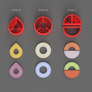 May include: Set of nine cookie cutters in various shapes and colours, including a teardrop, a circle, and a half-circle. The cutters are made of red, yellow, light blue, light purple, and orange plastic.