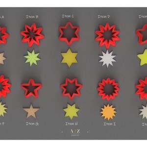 May include: Ten different star-shaped cookie cutters, each with a unique design. The cutters are red, yellow, white, and beige. The cutters are arranged in rows of five, with the text "Item A" through "Item J" labeling each cutter.