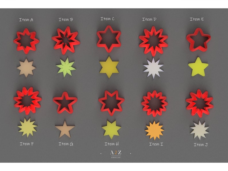 May include: Ten different star-shaped cookie cutters, each with a unique design. The cutters are red, yellow, white, and beige. The cutters are arranged in rows of five, with the text "Item A" through "Item J" labeling each cutter.
