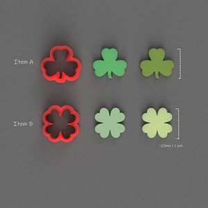 May include: Two sets of four-leaf clover cookie cutters. The top set is red and the bottom set is green. The cutters are approximately 1 inch in size. Item A and Item B are labeled.