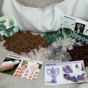 Heilsteine als Zusatz für Yoga Augenkissen Füllung Amethyst Aventurin Rosenquarz Bergkristall Sternzeichen + Edelsteinkarte