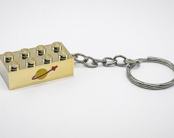 Lego Chrome Gold Keyring Brick 2x4 Keychain Classic Space 3001 New