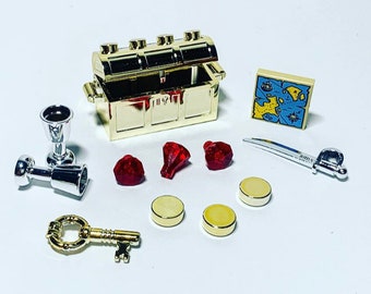 Lego Chrome Gold Treasure Chest Pirates Map Coins Money Key Goblet Crystal New