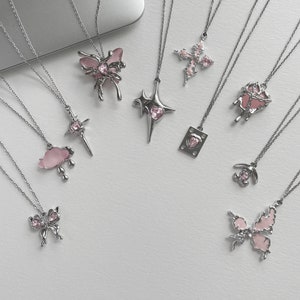 Y2k Pink Crystal Necklace: Silver Cross, Heart, Star, Butterfly